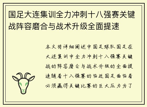 国足大连集训全力冲刺十八强赛关键战阵容磨合与战术升级全面提速 国足大连集训全力冲刺十八强赛关键战阵容磨合与战术升级全面提速