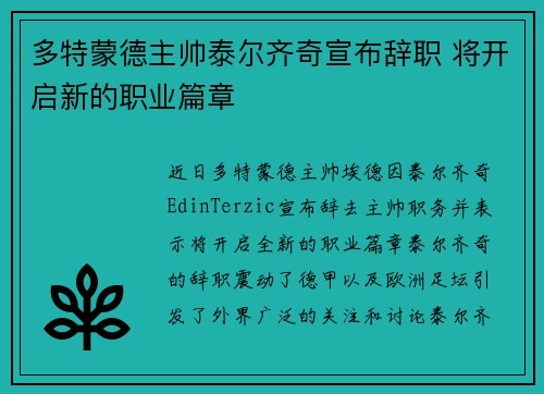 多特蒙德主帅泰尔齐奇宣布辞职 将开启新的职业篇章
